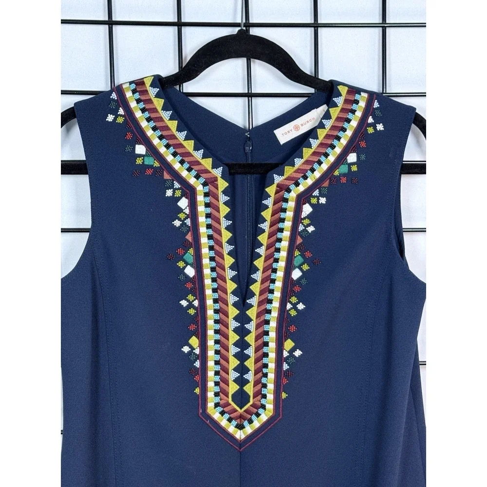 Tory Burch Embroidered Sophia Shift Dress‎ Womens 6 Blue Boho Beaded Casual